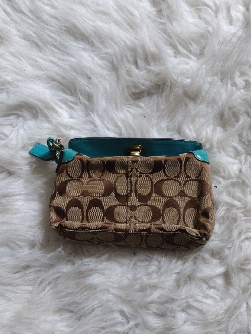 Coach Brown Signature Canvas Wristlet with Turquoise Trim - Picture 3 of 5